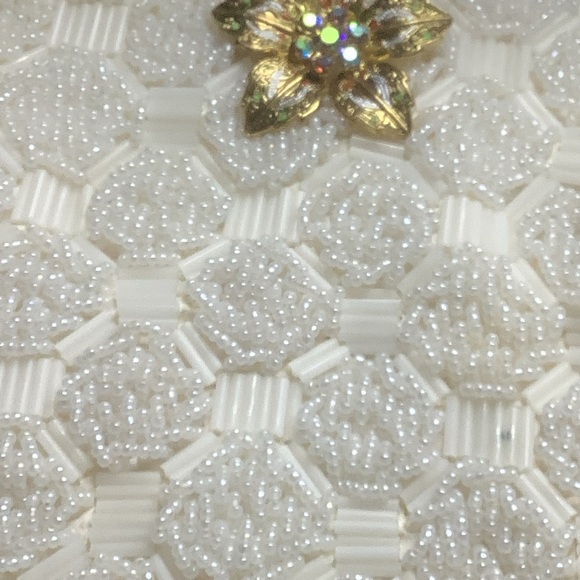 White Beaded Evening Bag with Gold Chain and Bejeweled  Flower - Picture 6 of 14